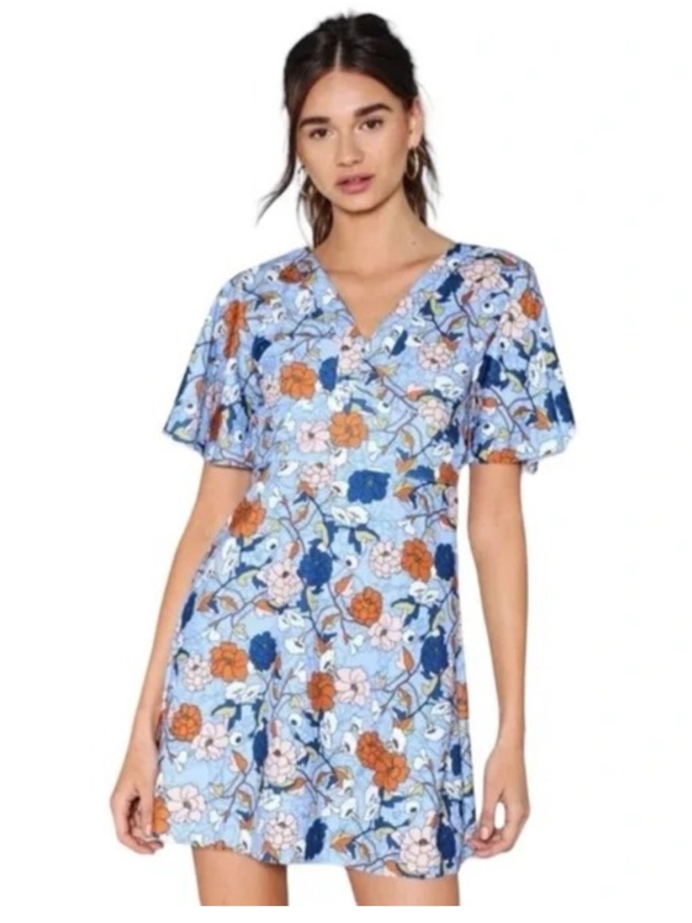 Zara 70's Retro Blue Floral Bell Sleeve Deep V-Neck Mini Dress